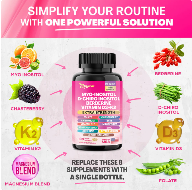 Myo-Inositol + D-Chiro Inositol + Berberina + Vitamina D3 + K2 – 90 Cápsulas