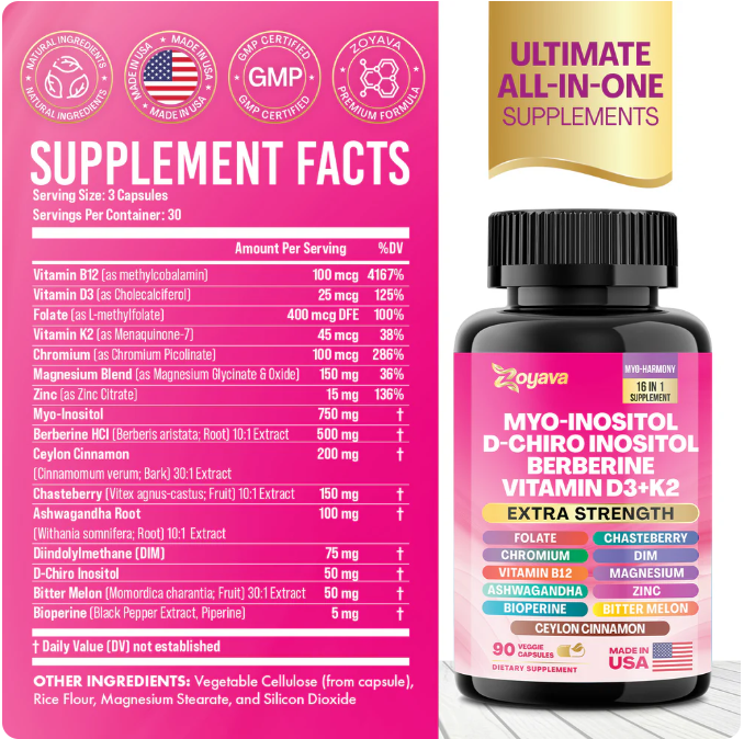 Myo-Inositol + D-Chiro Inositol + Berberina + Vitamina D3 + K2 – 90 Cápsulas