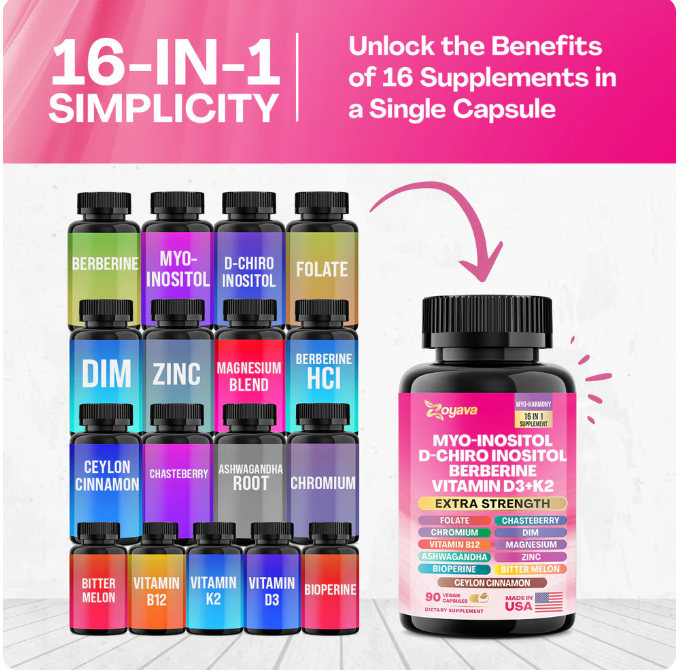 Myo-Inositol + D-Chiro Inositol + Berberina + Vitamina D3 + K2 – 90 Cápsulas